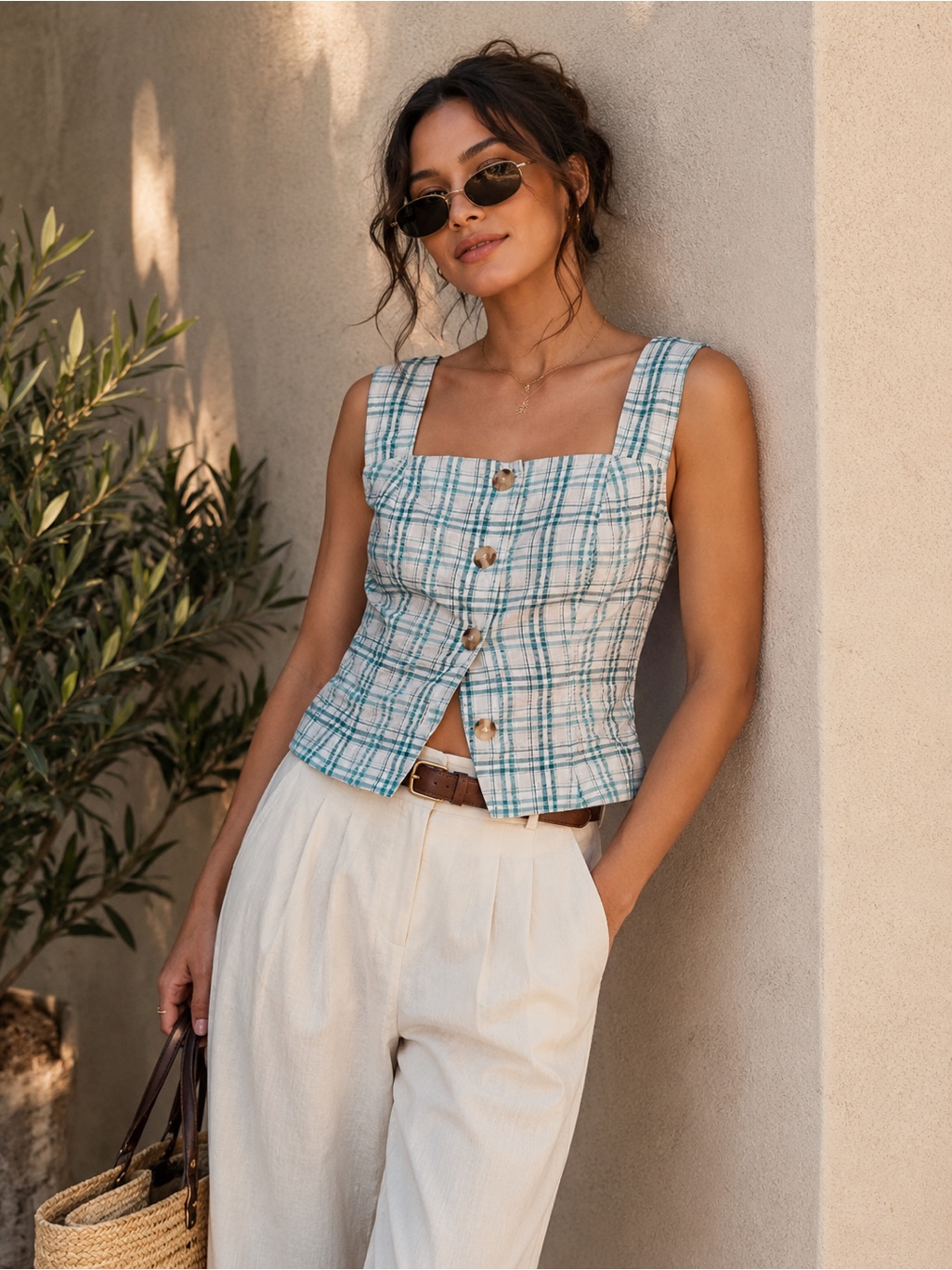 Nwt Maeve Anthropologie Square Neck Button Front Tank - Teal Plaid Size Xs